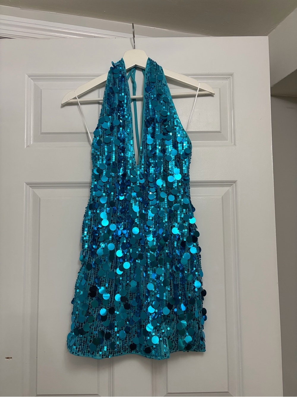 Sequined Halter Kids Dress - Turquoise Blue